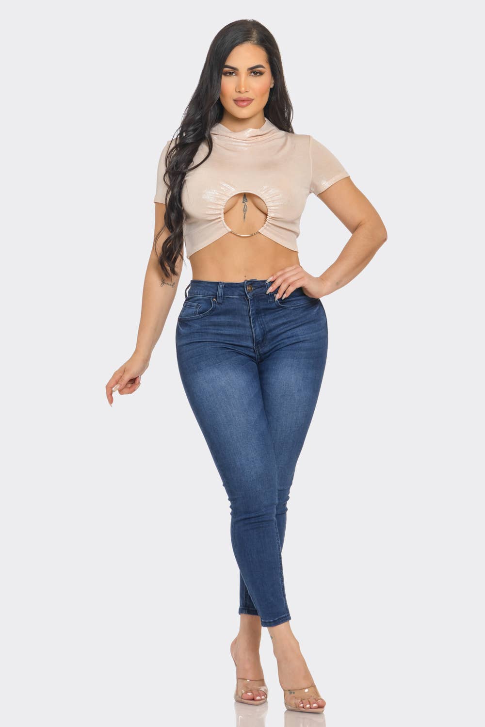 Well-in Vogue Slinky Foil Front O-Ring Cut Out Shirring Top