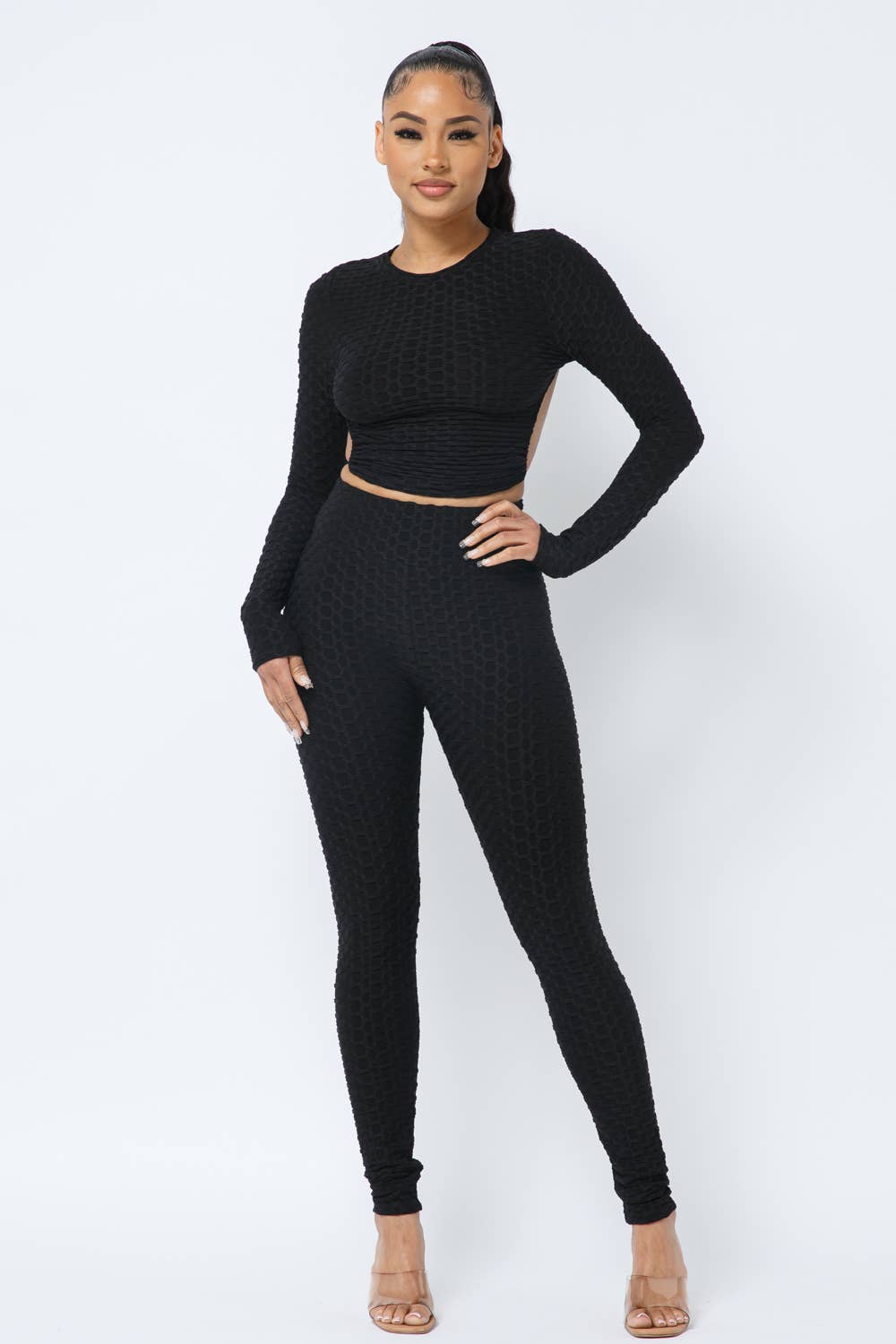 Well-in Vogue Honeycomb Open Back Tie Top and Leggings Set
