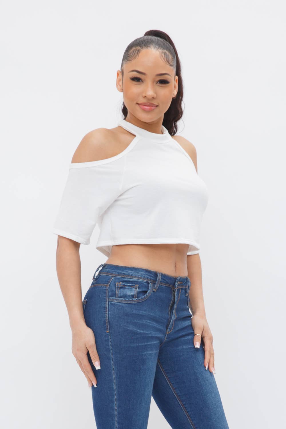 Well-in Vogue French Terry Solid Shoulder Cut Out Detail Half Sleeve Top