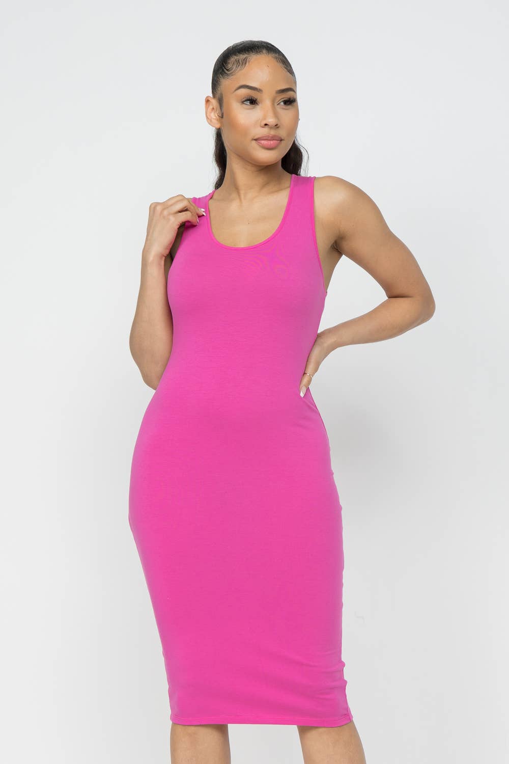 Well-in Vogue Cotton Spandex Solid Sleeveless Tank Bodycon Midi Dress