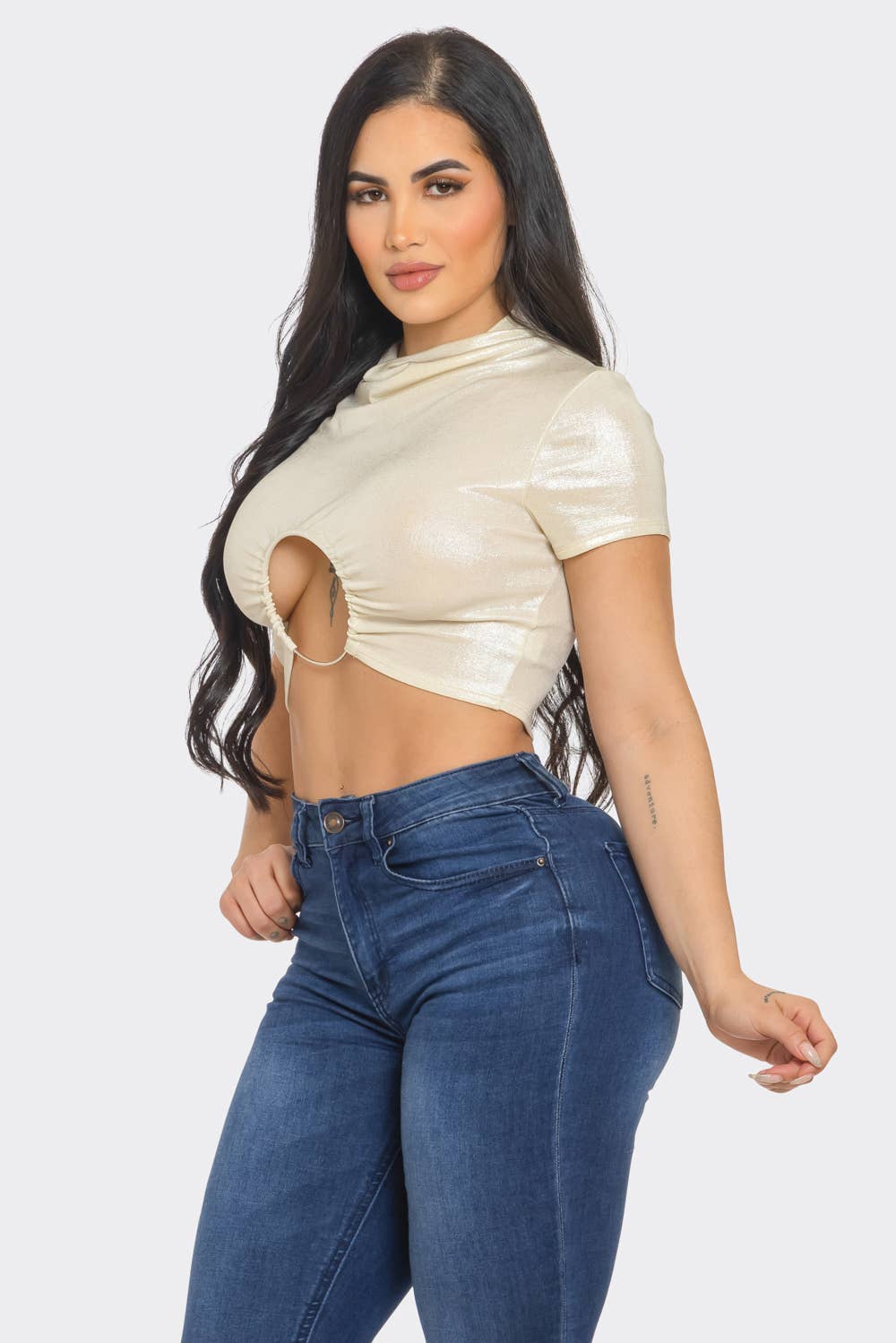 Well-in Vogue Slinky Foil Front O-Ring Cut Out Shirring Top