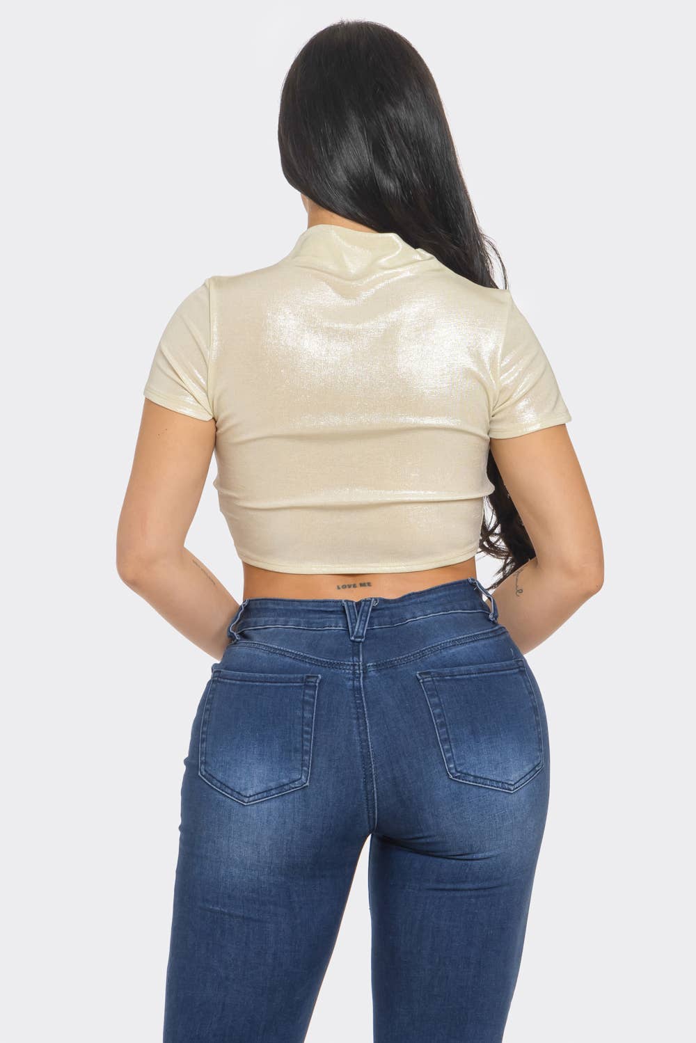 Well-in Vogue Slinky Foil Front O-Ring Cut Out Shirring Top