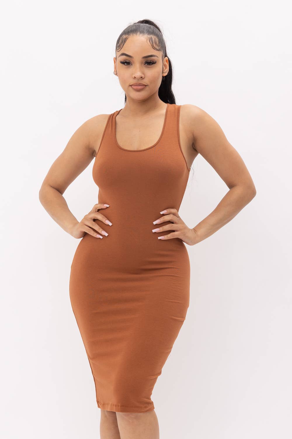 Well-in Vogue Cotton Spandex Solid Sleeveless Tank Bodycon Midi Dress