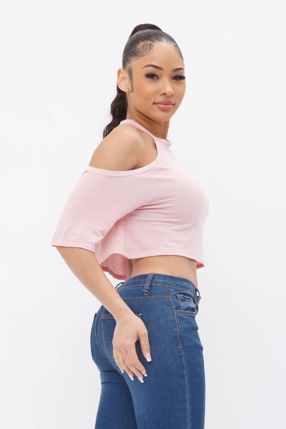 Well-in Vogue French Terry Solid Shoulder Cut Out Detail Half Sleeve Top