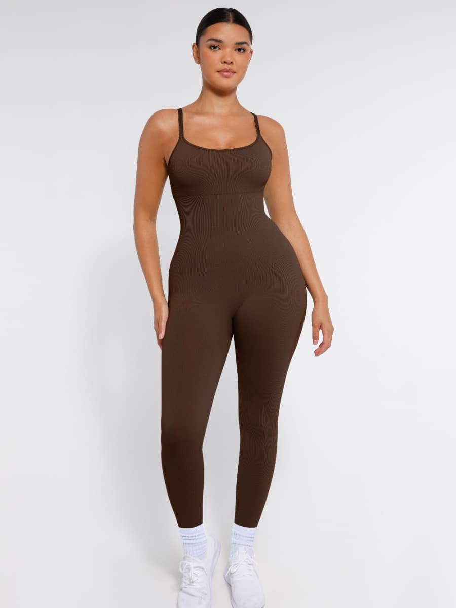 Well-in Vogue High Stretchy Seamless Sling Tummy Control Jumpsuit Removable cup pads