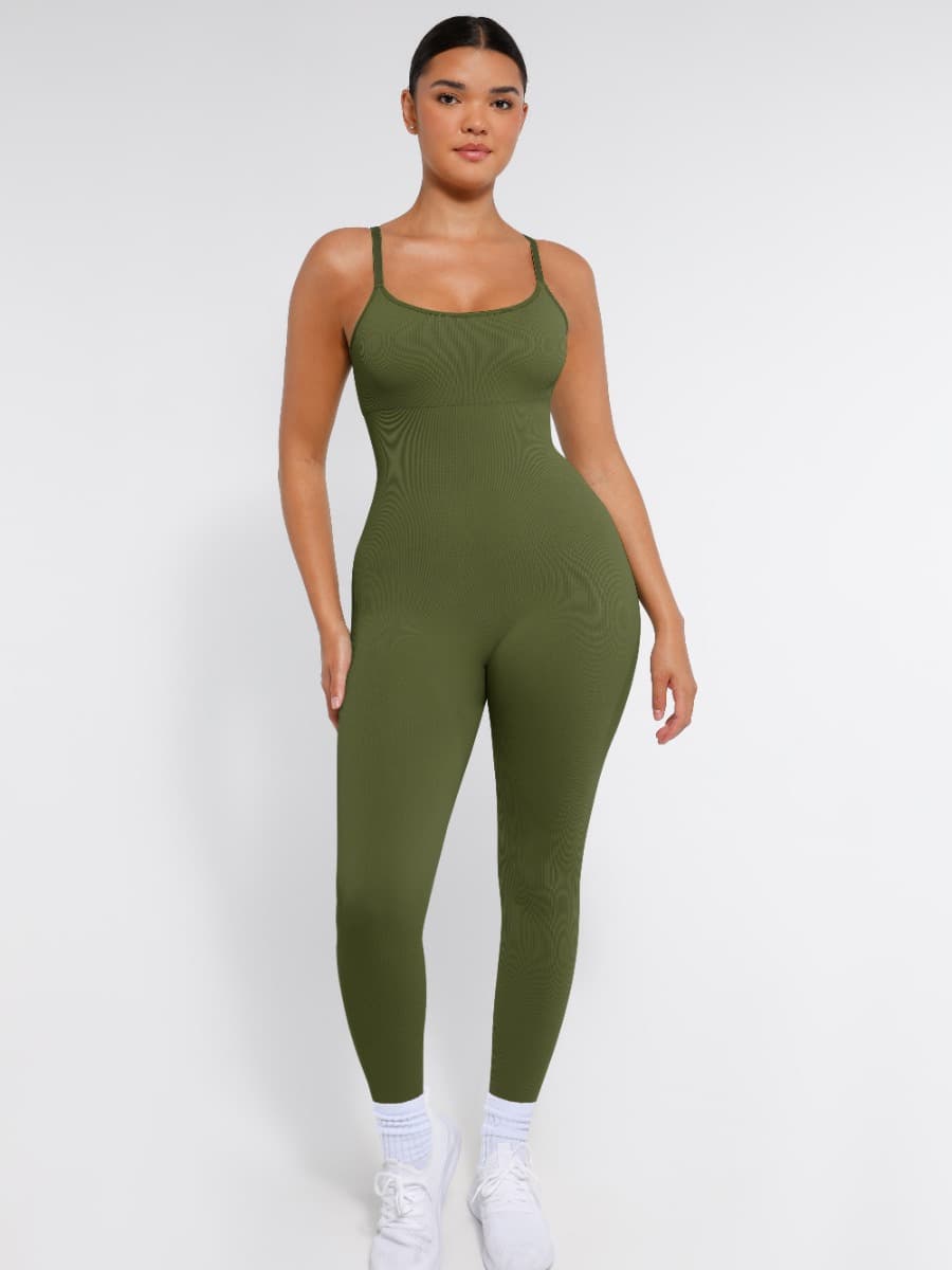 Well-in Vogue High Stretchy Seamless Sling Tummy Control Jumpsuit Removable cup pads