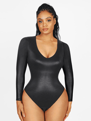 Wholesale Sexy Deep V-neck Faux Leather Satin Thong Bodysuit