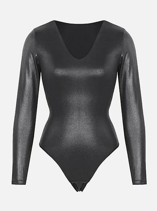 Wholesale Sexy Deep V-neck Faux Leather Satin Thong Bodysuit