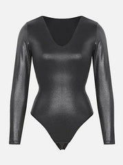 Wholesale Sexy Deep V-neck Faux Leather Satin Thong Bodysuit