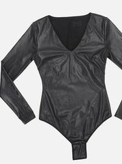 Wholesale Sexy Deep V-neck Faux Leather Satin Thong Bodysuit