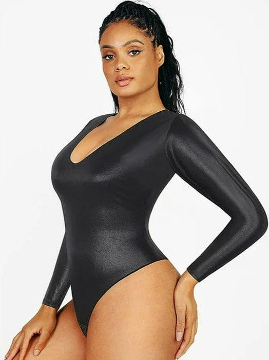 Wholesale Sexy Deep V-neck Faux Leather Satin Thong Bodysuit