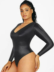 Wholesale Sexy Deep V-neck Faux Leather Satin Thong Bodysuit