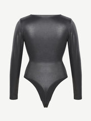 Wholesale High Elastic Faux Leather Deep V-neck Abdomen Tightening Bodysuit